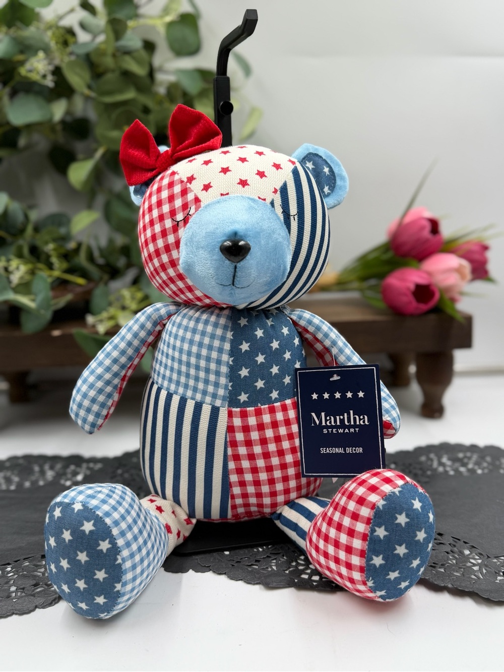 Martha Stewart Red, White & Blue Patchwork Plush Bear with Bow